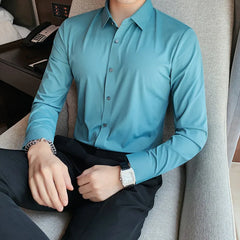 Threebooy Men Spring High Quality Business Shirts/Male Slim Fit Solid Color Ice silk With Long Sleeves Shirts/Man Casual Dress Shirts