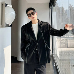 Threebooy Fashion Black Glossy Suit Men Zipper Design Casual Long Sleeve Chic Shimmer Party Blazer Shiny Lapel Jackets Coat Luxury Blazers