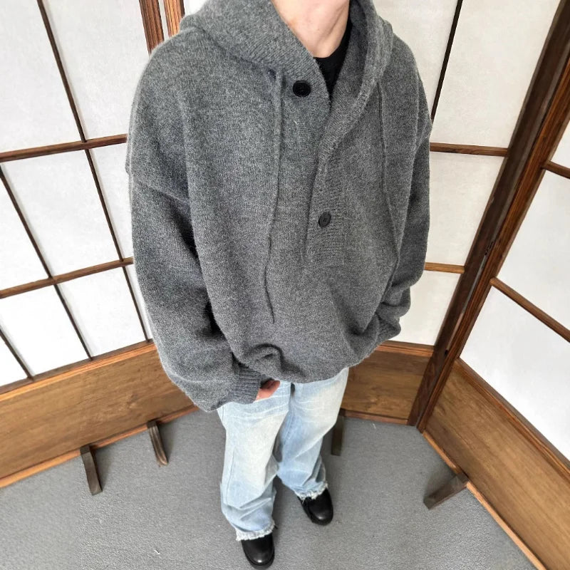 Threebooy Autumn Winter Knitted Sweater Hoodie Solid Color Simple American Loose Lazy Top Men