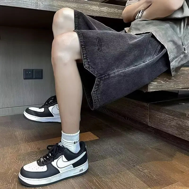 Threebooy Summer Men's Straight Drawstring Denim Shorts Elastic Waist Washed Loose Short Jeans Stretch Hip Hop Clothing Male Shorts