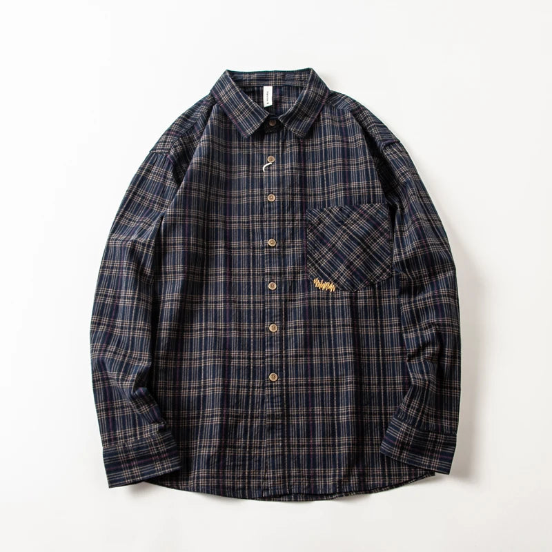 Threebooy  Spring Autumn Men's Long Sleeve Plaid Shirt Korean Embroidered Casual Washed Cotton Texture Plaid Tooling Shirt Jacket