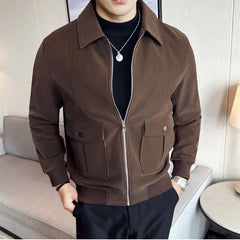 Threebooy Men Spring High Quality Bright Surface Casual Leather Jacket/Male Slim Fit Business Lapel Fashion Leather Jacket/Men Coat 3XL-M