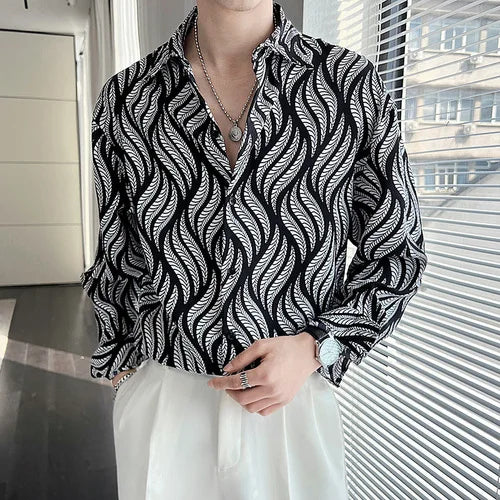 Threebooy  Autumn Fashion Printed Loose Fitting Shirt for Men High-quality Long Sleeve Casual Shirts Streetwear Social Party Blouse