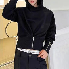 Threebooy Mens Autumn Korean Y2k Waist Cuff Zipper Slim Waist Short Hooded Sweatshirt Essential Fashion Youth Solid Color Top For Men