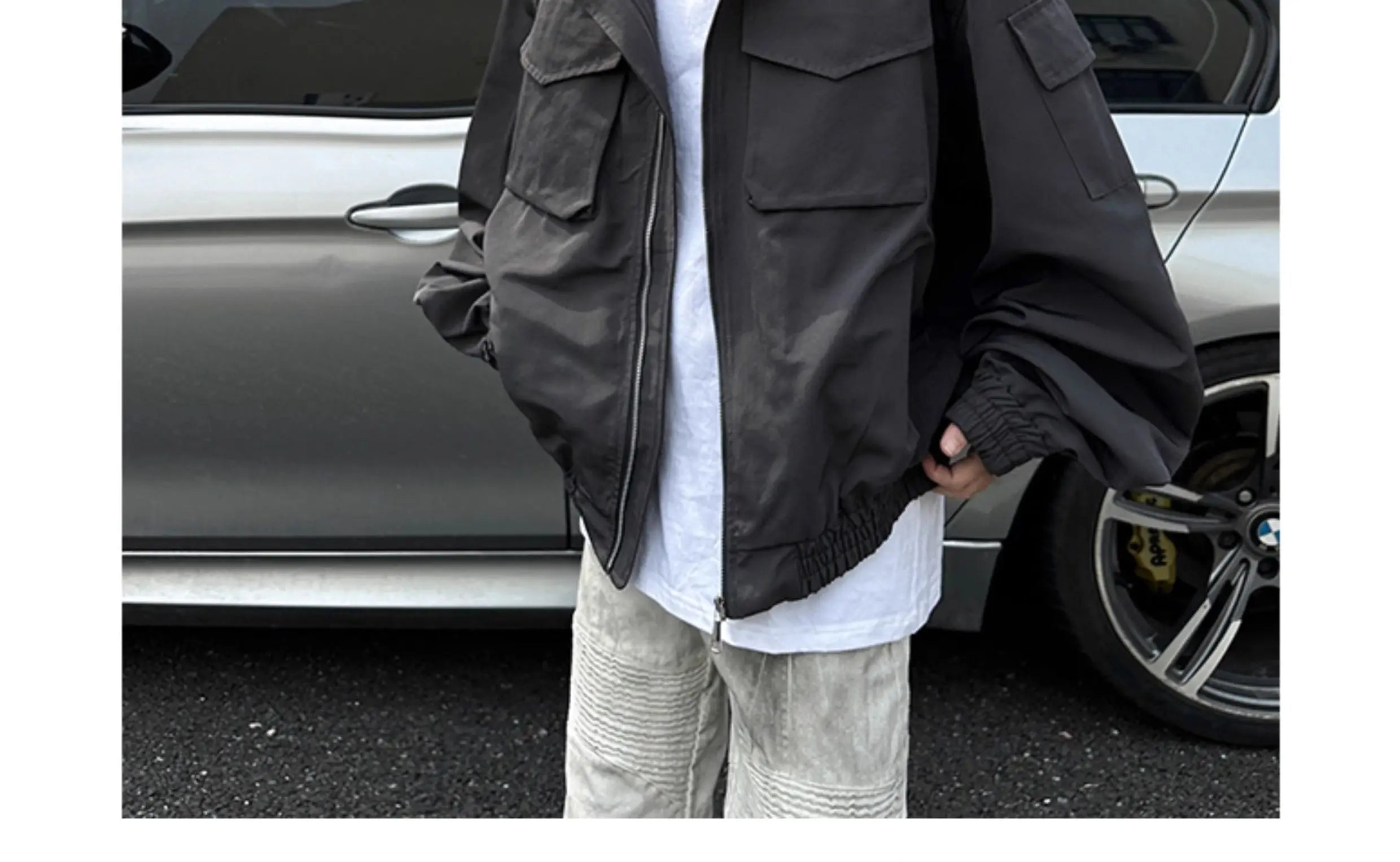 Threebooy Outdoor Work Jacket Men's Spring Autumn American Retro Zipper Coat Silhouette Bomber Handsome High Street Flying Work Jacket