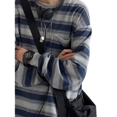 Threebooy  Retro Japanese Style Spring Workwear Sweatshirt Men's round Neck Striped Unisex Couple's Shirt Long Sleeve No Ironing Treatment