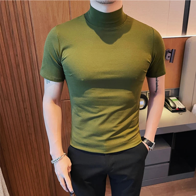 Threebooy  Summer T Shirt Men Short Sleeve Half High Neck Tight Fit T-shirt Fashion Casual Social Base Shirt Streetwear Tee Tops M-5XL