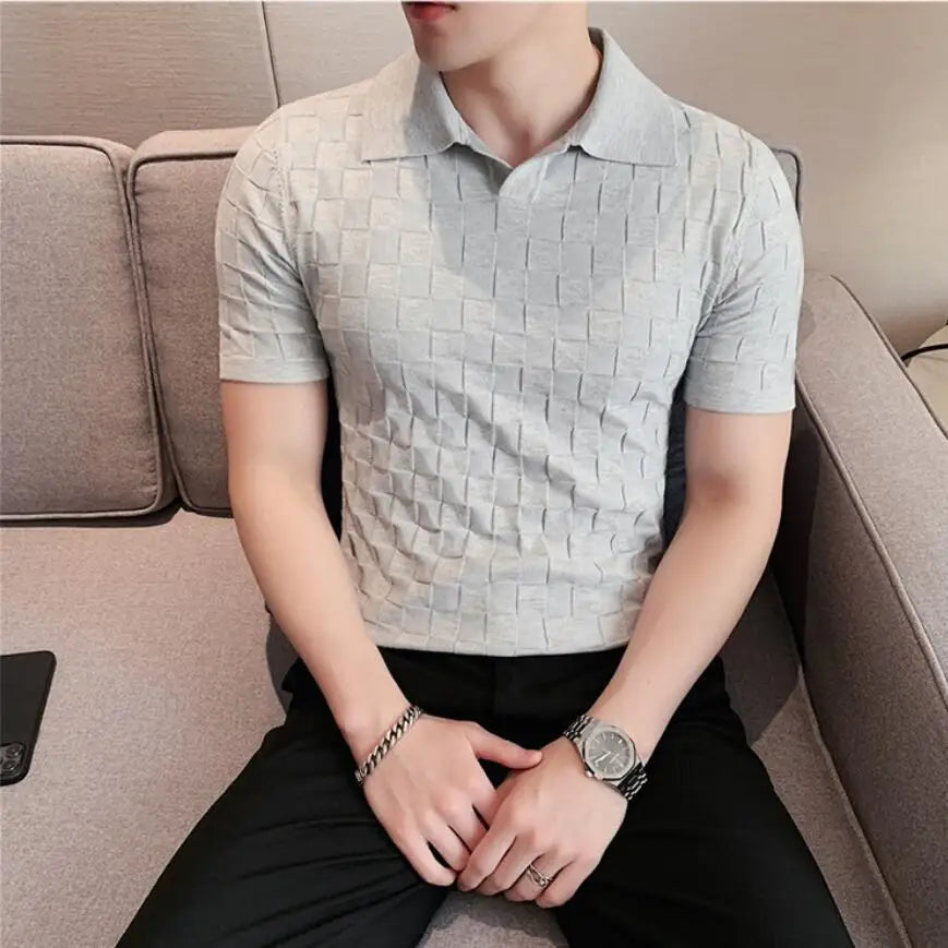 Threebooy Vintage Polo Shirt Man Stripe Print Patchwork Knitting Casual Lapel Pullover Summer Men Short Sleeve Slim Polo Shirt S-4XL