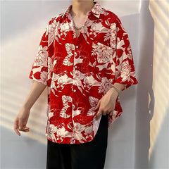 Threebooy  Retro American Japanese Cuban Collar Shirt Men's Short-sleeved Summer Hong Kong Style Handsome Loose
