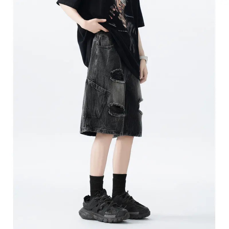 Threebooy  Distressed Denim Shorts mens Ripped Pocket Streetwear Summer Fashion Trendy Urban Vintage Casual Women Men Comfort Stylis