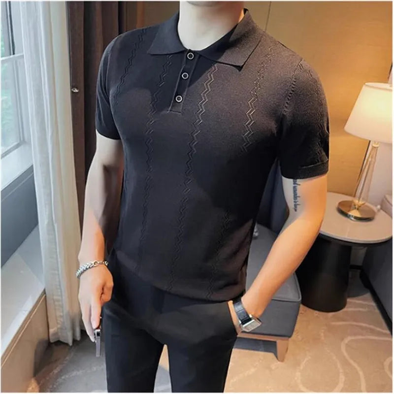 Threebooy Light Luxury High-end Knitted POLO Shirt Men's Summer Casual Polo Shirt Korean Fashion Short Sleeve T-shirt Men's Luxury Top 4XL