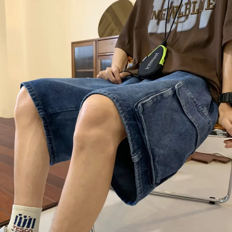 Threebooy Summer Denim Shorts Men Oversized Vintage Pocket Cargo Shorts Men Japanese Streetwear Hip Hop Loose Wide Leg Shorts Mens Jeans