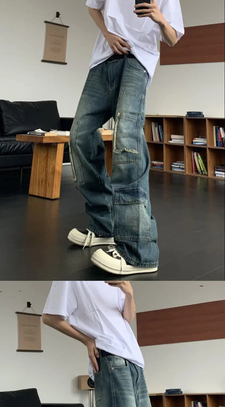 Threebooy American street men and women spring and autumn straight tube washed workwear jeans for couples loose retro casual pants y2k