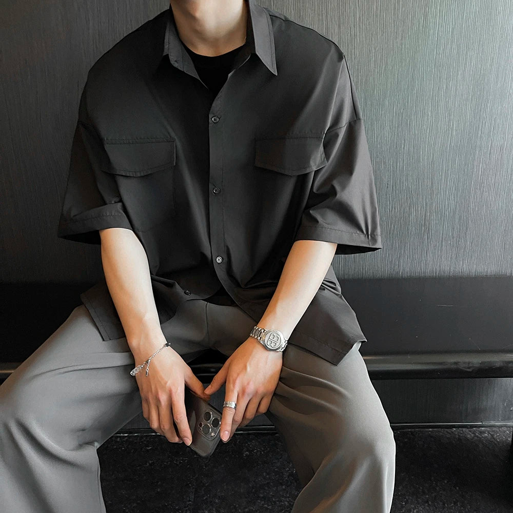 Threebooy High Quality Solid Pockets Shirts Black Blouses Summer Korean Smooth Short Sleeve Shirt Streetwear Oversize Cargo Shirts