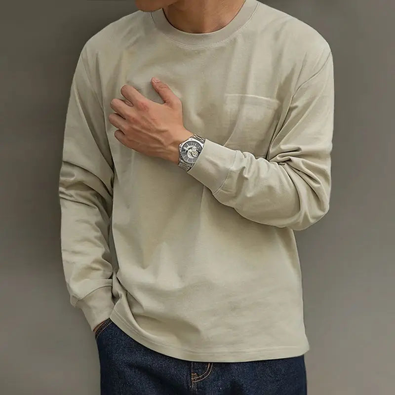 Threebooy  Men's Heavy Cotton Long Sleeve T-Shirt Solid White Base Layer Spring Fall Pullover Top