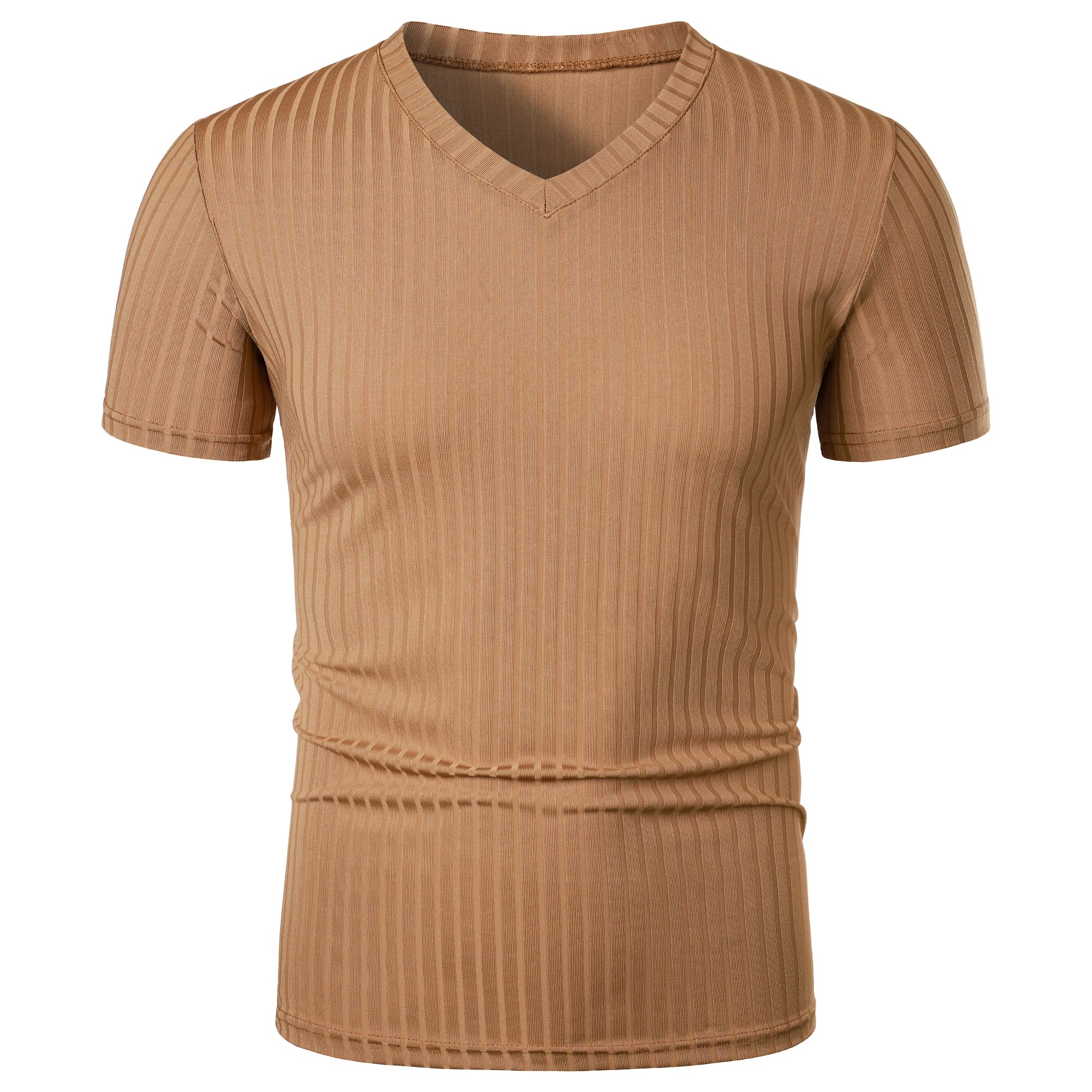 Threebooy  Men's running sports fitness wear summer high stretch vertical strip short sleeve V-neck slim knit base shirt