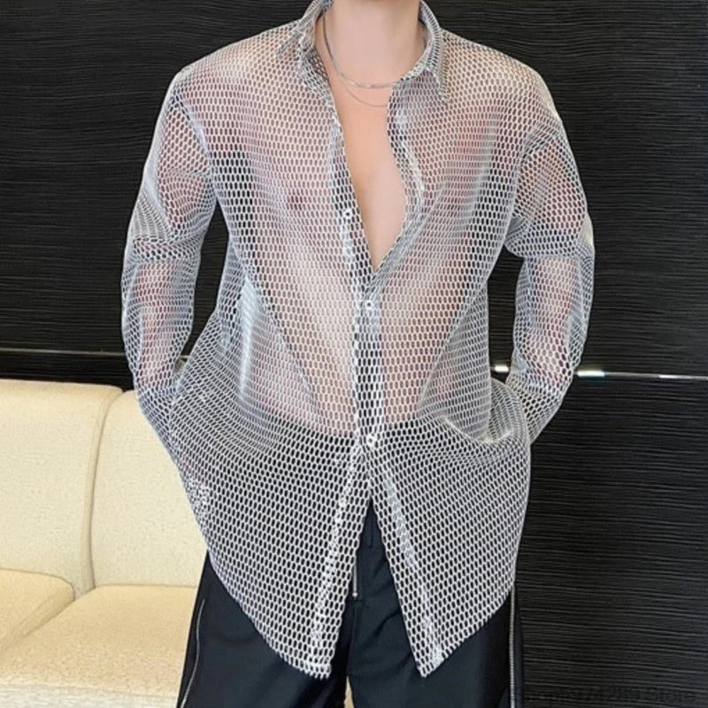 Threebooy Transparent Mesh Shirt Hollow Out Jacket Personality Breathable Youth Fashion Long Sleeve Tops Men Lapel Party Clubwear