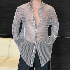 Threebooy Transparent Mesh Shirt Hollow Out Jacket Personality Breathable Youth Fashion Long Sleeve Tops Men Lapel Party Clubwear