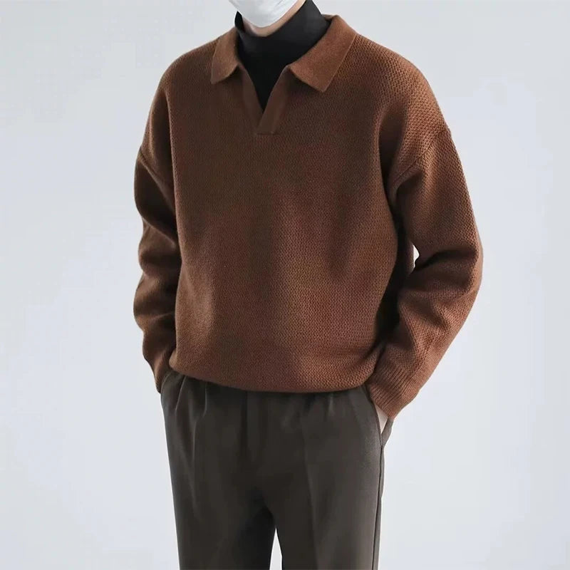 Threebooy  New American Chic Men Polo Sweater Luxury Trendy Business V Neck Knit Solid Color Pullover Leisure Slim-fit Long Sleeve Knitwear