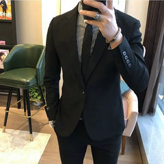 Threebooy  British Style Men's Set Handsome Trendy Fashion Casual Jacket Korean Version Formal Slim Fit Black Suit Wedding