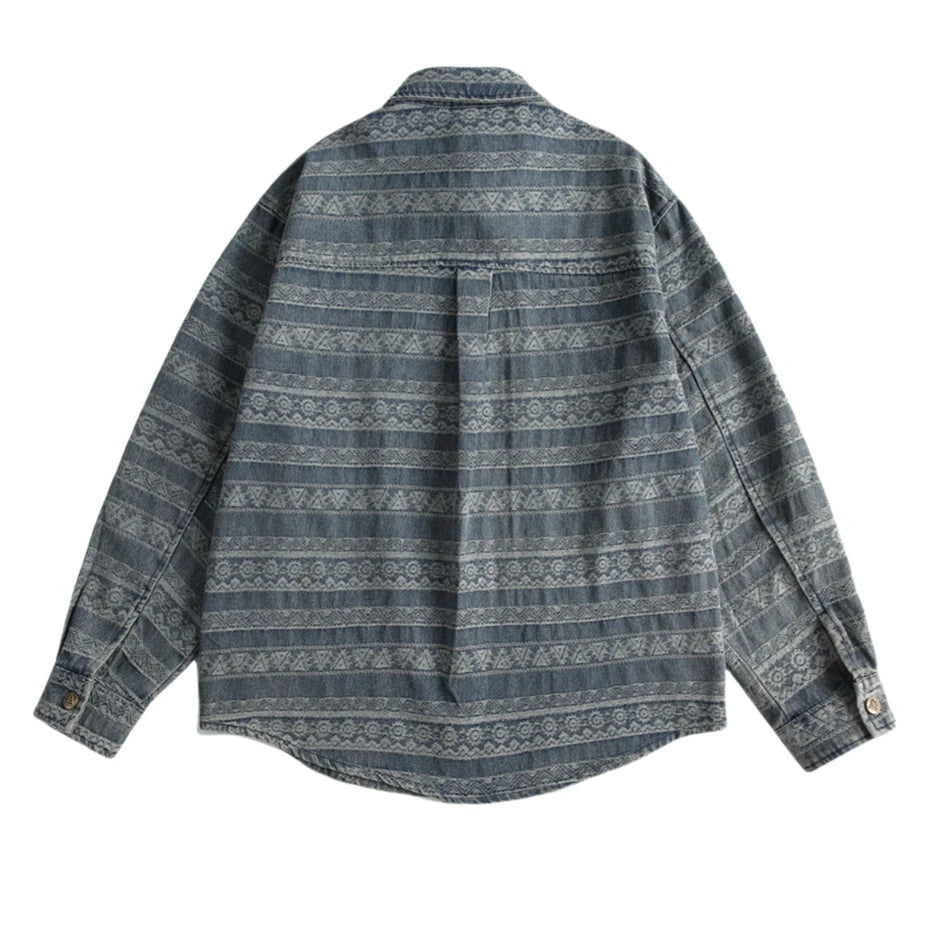 Threebooy Vintage Print Denim Shirts Mens National Style Long Sleeve Shirt for Men Harajuku Loose Casual Cotton Blouse Jeans Coats Male