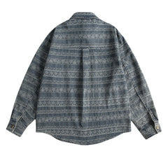 Threebooy Vintage Print Denim Shirts Mens National Style Long Sleeve Shirt for Men Harajuku Loose Casual Cotton Blouse Jeans Coats Male