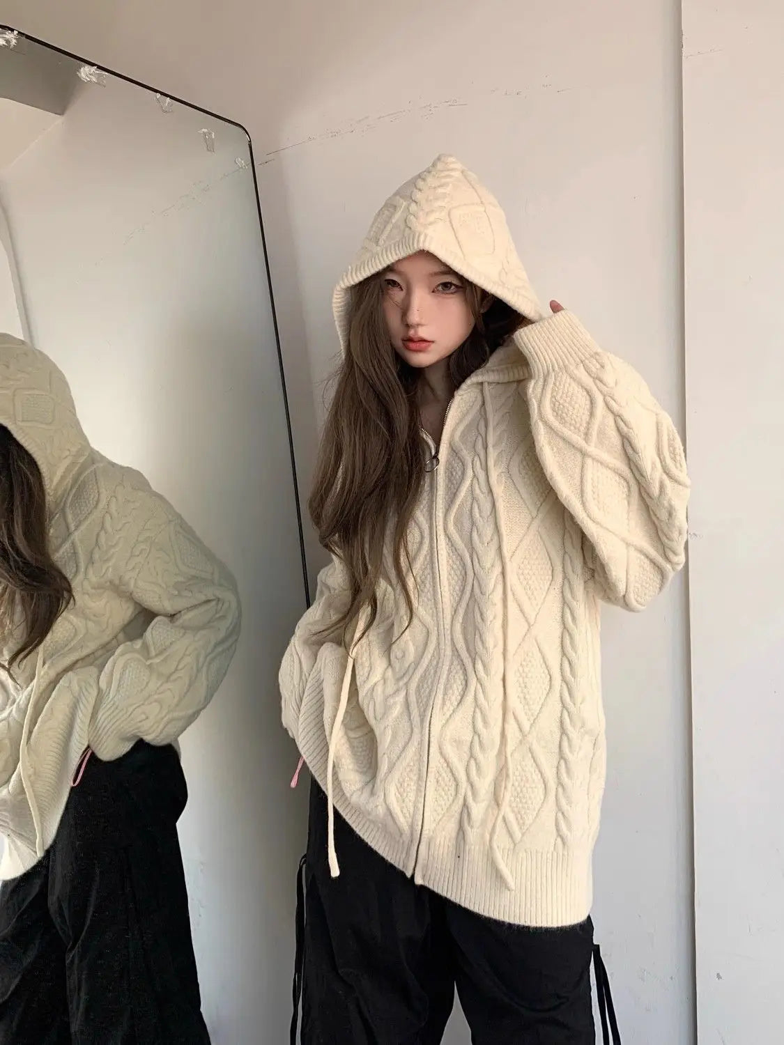 Threebooy American autumn and winter men and women trendy street personality cardigan hooded sweater couple loose casual knitted top y2k