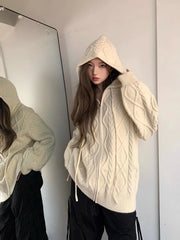 Threebooy American autumn and winter men and women trendy street personality cardigan hooded sweater couple loose casual knitted top y2k