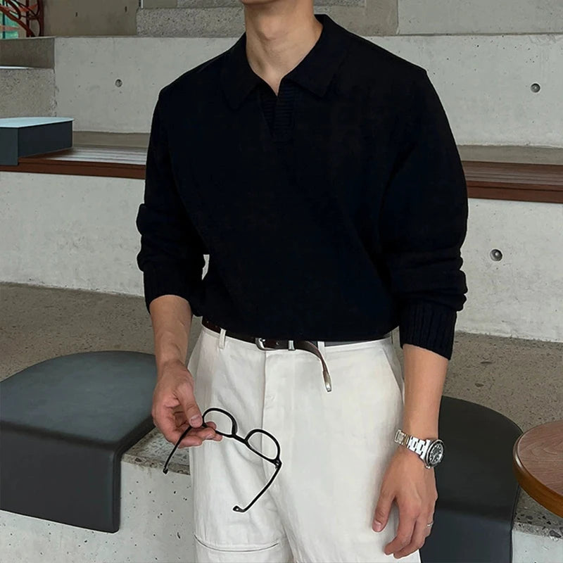 Threebooy Korean Luxury Business Men Polo Sweater Loose V Neck Knit Solid Color Pullover Casual Premium Quality Long Sleeve Knitwear M-3XL