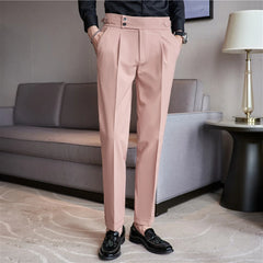 Threebooy British Style Men High Waist Casual Dress Pant Men Belt Design Pink Trousers Formal Office Social Wedding Party Dress Suit Pants