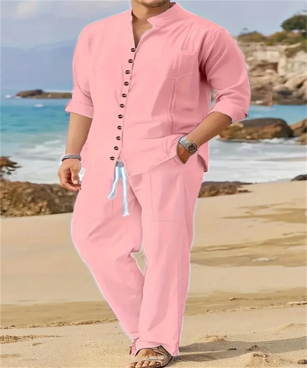 Threebooy  Spring and autumn Cuban style fashion men's shirt trend casual multi-button stand collar loose long sleeve pants beach suit