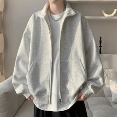 Threebooy Spring Autumn Men's Stand Collar Cardigan Hoodies Solid Color Loose Hoodie Outerwear Men Fashion Double Zipper Casual Jacket 5XL