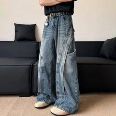 Threebooy Korean Version Men'S Curved Knife Jeans With Loose Retro Design Straight Leg Pants Casual Large Pocket Wide Leg Pants