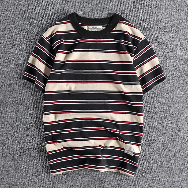 Threebooy  Summer Splicing Pure Cotton Stripe Short Sleeve T-shirt Streetwear Amekaji Heavyweight Casual Male Round Neck Tshirt Tops Tee