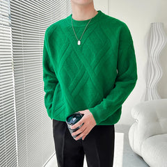 Threebooy  Men Round Collar Sweater Autumn Winter Warm Casual Slim Fit Pullovers Homme Thickened Plaid Jacquard Sweater