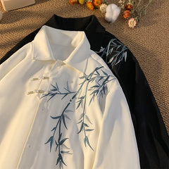 Threebooy New Chinese Shirt Men's White Shirt Bamboo Leaf Embroidery Shirt Plate Button Design Traditional Tang Clothing Elements