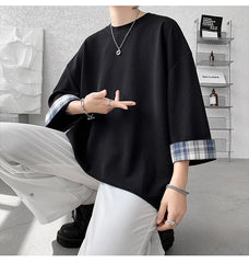 Threebooy men t shirts Loose Summer Men's T-shirts Women Oversized Korean Style Plaid T-shirt Casual Seven sleeves T-Shirt Male White