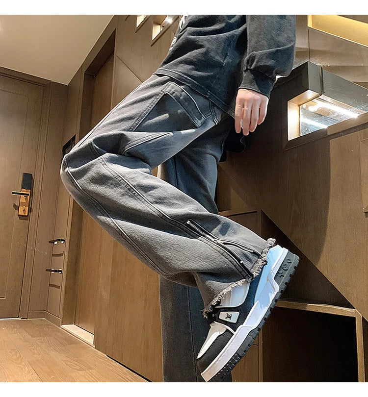 Threebooy Autumn jeans men New Fashion Side Zipper Casual Jean Pants Men High Street Loose Straight Pant Mens Vintage All-match Trousers