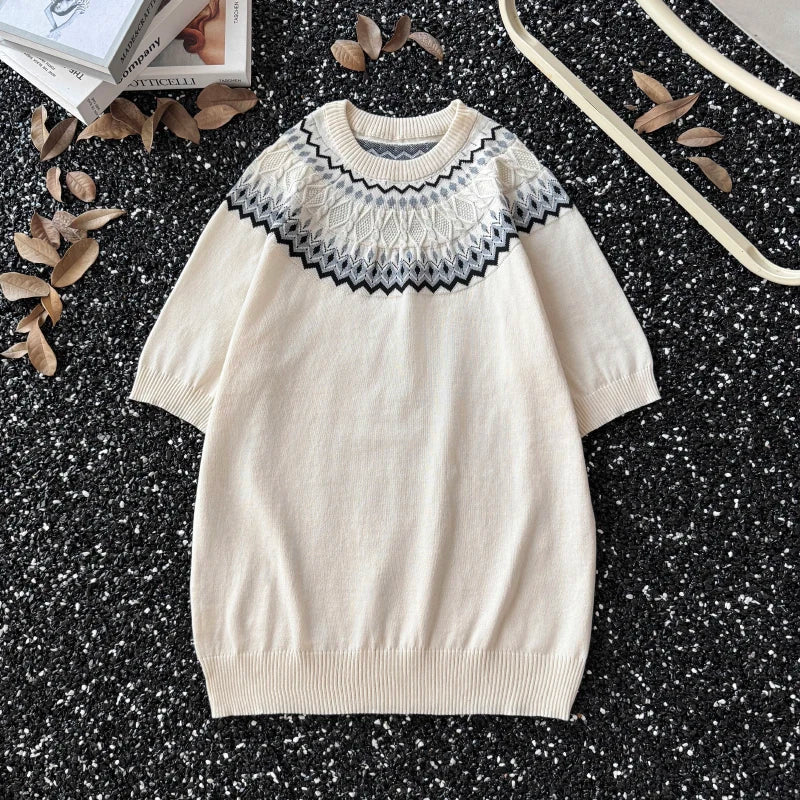 Threebooy American Retro Knitted Shirt Unisex Short-sleeved Pullover Men's Korean Summer High-end Twisted T-shirt Front Shoulder Sweater