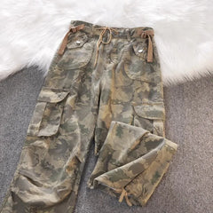 Threebooy Gothic Harajuku American Camouflage Drawstring Casual Trousers Leaf Pattern High Street Hip Hop Y2k Straight Leg Wide Leg Pants