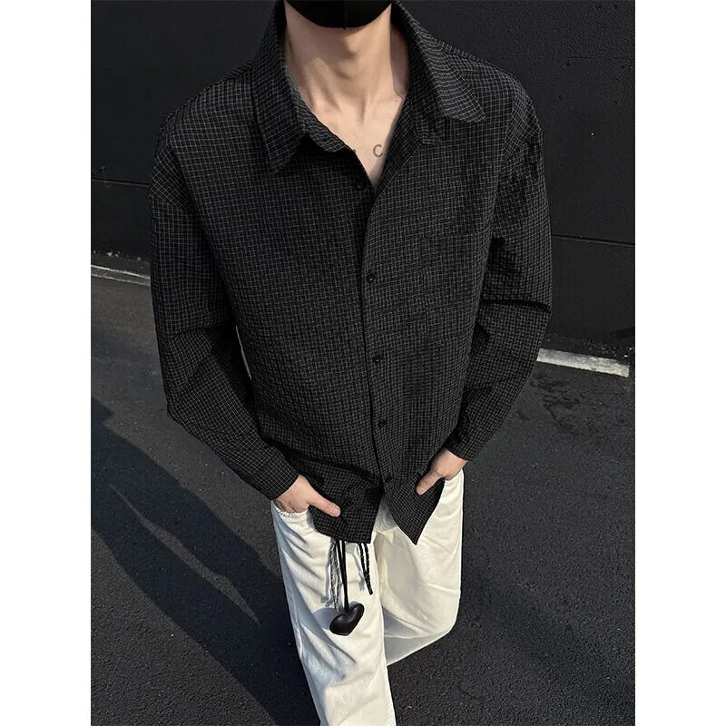 Threebooy Black White Long-sleeved Shirt Men Fashion Social Mens Dress Shirt Korean Loose Casual bubble Shirts Mens summer trend