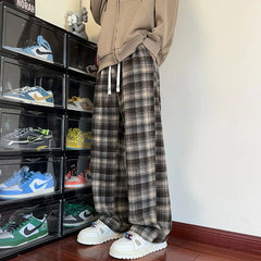 Threebooy Autumn Woolen Pants Men Fashion Retro Plaid Pants Men Streetwear Hip-hop Loose Wide Leg Pants Mens Vintage Trousers Large Size