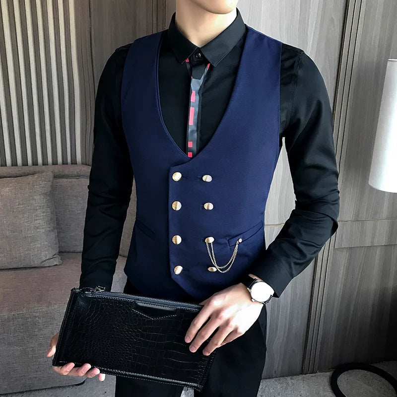 Threebooy Slim Fit Men Vest with Double Breasted One Piece Custom Male Suit Wasitcoat Peaked Lapel Wedding Gromsmen Waist Coat New