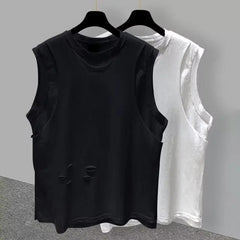 Threebooy Men's Clothing Sleeveless T-shirt Summer Loose Men Tank Top Leisure Solid Hole Priming Shirt Round Neck Fitness Running Men Tops