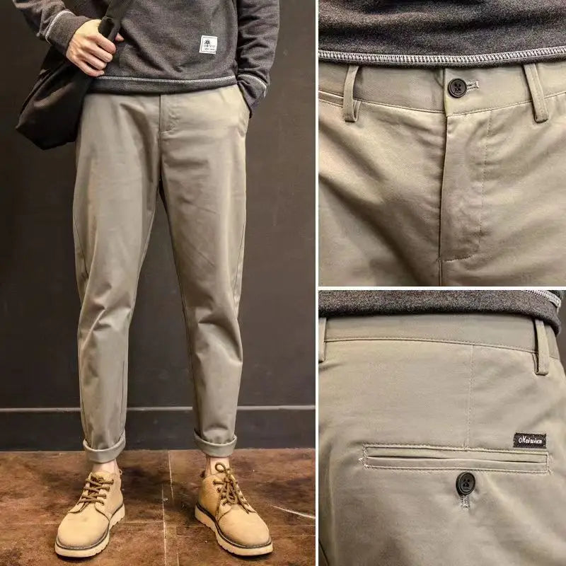 Threebooy Korean Cotton Casual Pants Men Spring Summer Cropped Pants Straight Leg Pants Business Men's Elegant Simple Trousers