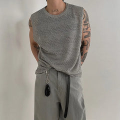 Threebooy New Men Casual Hollow Out Tank Tops Leisure Splicing Solid Color Sleeveless Tees Fashion Streetwear Fitness Stretch Knitted Vest