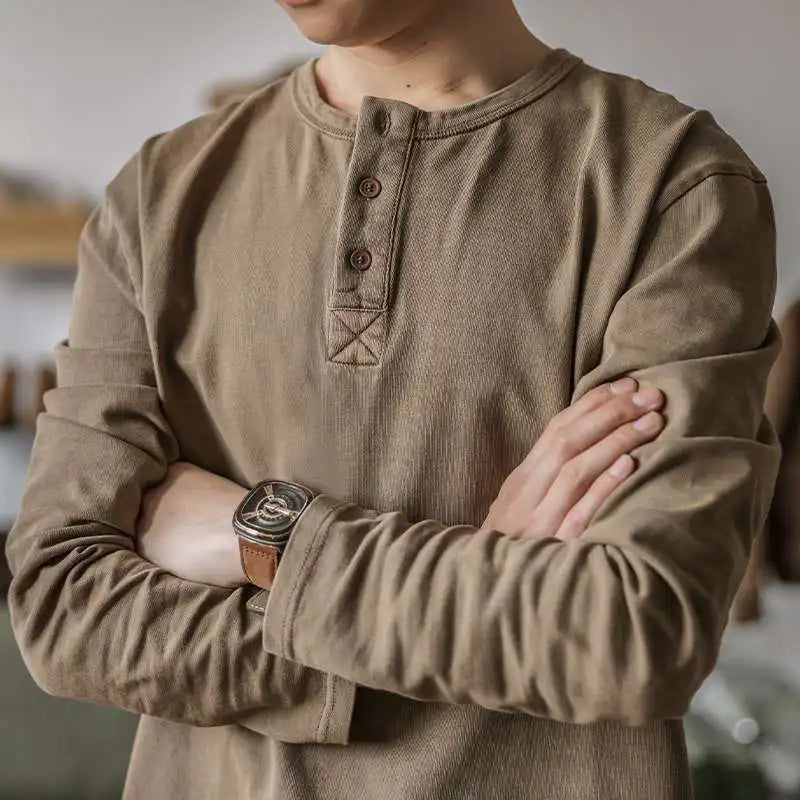 Threebooy American Retro Henry Shirt T-shirt Men's Autumn Large Size Vintage Half Button Blouse High-end Collar Long Sleeve Base Shirt