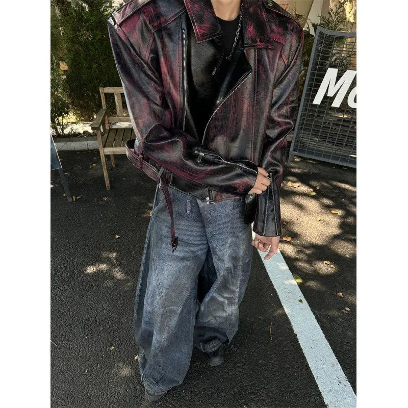 Threebooy American Retro Short Motorcycle Leather Jacket Men's High-end Fashion Spring Autumn Niche Design Trendy High-end Jacket Chic