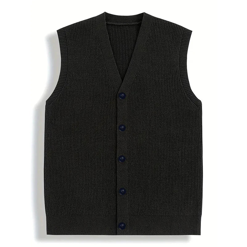 Threebooy  New Luxury Casual Men Sweater Vest Leisure Trendy Knit V Neck Button-down Solid Color Sleeveless Cardigan Retro Basic Waistcoats