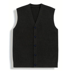 Threebooy  New Luxury Casual Men Sweater Vest Leisure Trendy Knit V Neck Button-down Solid Color Sleeveless Cardigan Retro Basic Waistcoats